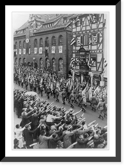 Parade on Nuremburg street; troops and flags, 1933, Vintage Poster