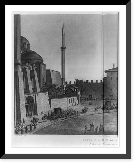 Royal carriage in front of large building flanked by minarets, Historic Reproduction