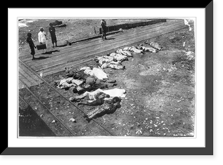 U.S. Navy in action at Vera Cruz, Mexico, 1914: 20 dead Mexicans laid out by railroad tracks, Antique Poster