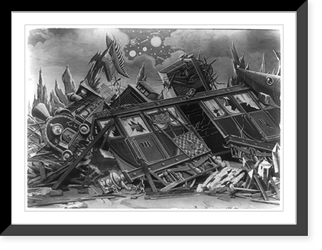 Two painted backgrounds from motion picture, The Impossible Voyage" - wreckage of railroad train and airship", Antique Wall Art