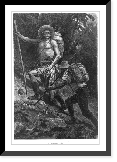 2 men with staffs climbing through forest slope (Mexico), Antique Poster