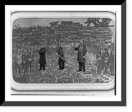 Portraits of Emperor Maximilian of Mexico, Tom&aacute;s Mej&iacute;a, and Miguel Miram&oacute;n and firing squad, superimposed on photograph of their place of execution, at Quer&eacute;taro Vinta