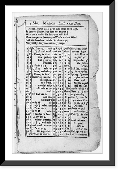 Page from 18th Century almanac: predictions for 31 days of March; no illus, Vintage Poster