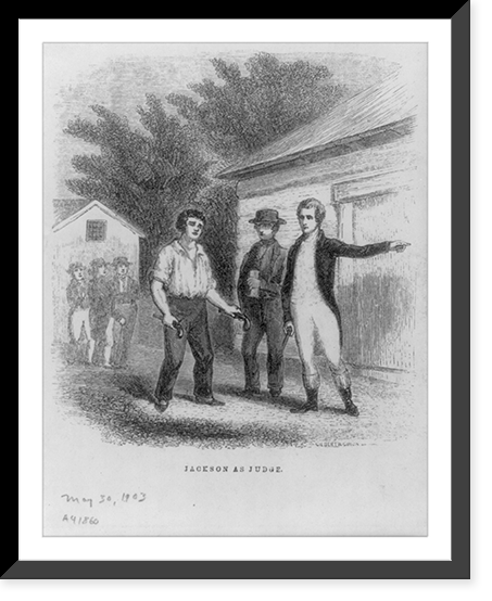 Andrew Jackson, as judge - full length, standing with 5 other men, early life, 2 men with dueling pistols, Antique Print
