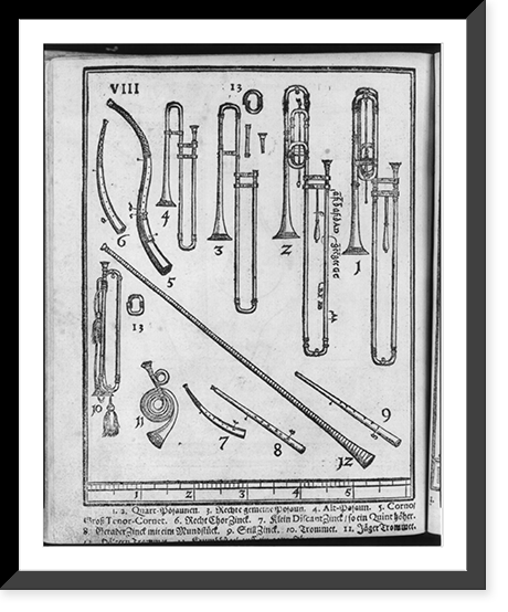 13 different brass and wind instruments, Antique Poster