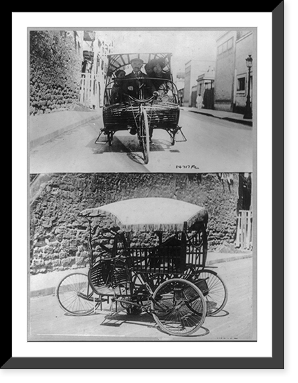 A tricycle contraption which seats four people, known as the Velo Car. Upper photo shows the inventor M. Alois Seuter of Neuilly-on-the-Seine and others in the Velo Car Classic, Historic Print