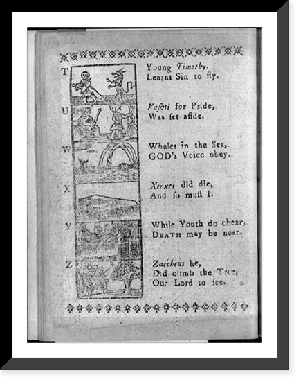 Page from The New England Primer Improved, 1773, letters T through Z, illus, Antique Print