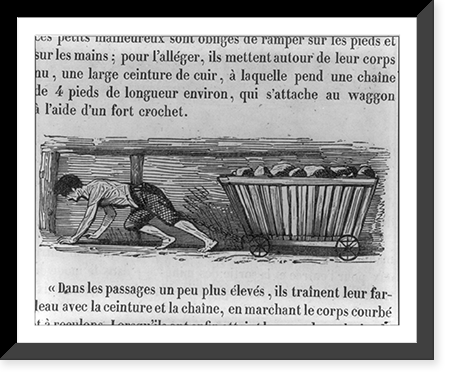 Child pulling cart in coal mine shaft by chain attached to waist, Historic Print