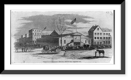 Opening of the Metropolitan Mechanics' Fair, Washington City, with crowd outside building, Vintage Print