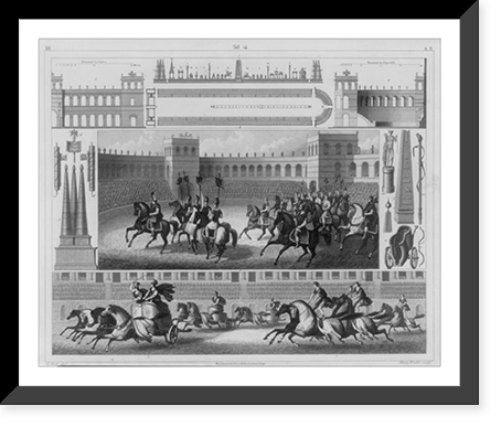 Details from the Circensian games, Ancient Rome: fig. 1 procession on horseback around the spina; fig. 2 racing on hrosebck; fig. 3 chariot races; fig. 4 groudn plan of the Circus Neronis Heritag