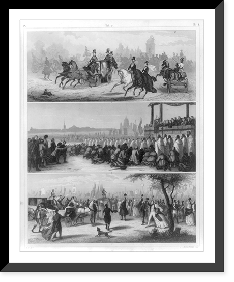 Historic Framed Print, [Fig. 1 Grand promenade in Elysian Fields, Paris; fig. 2 Festival (religious) at St. Petersburg; fig. 3 Public meeting in England],  17-7/8" x 21-7/8"