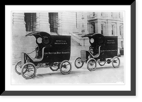 2 delivery trucks of the Denver Dry Goods Co., the first truck built by The White Motor Co, Vintage Print