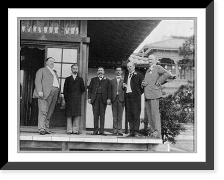 Secretary Taft and his personal military staff and Mr. Nagasaki, the Emperor's representative at the Shiba Detached Palace, Tokyo, Japan; standing on porch, Antique Print