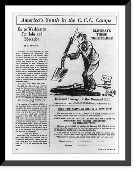 Cartoon opposing Army control of Civilian Construction Corps camps - shows puzzled man holding a tool which is partly a shovel and partly a rifle, Antique Print