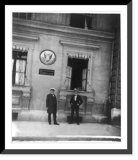 Frank George Carpenter standing in front of U.S. Consulate window; bird in cage on sill; Europe, 19-?, Vintage Poster