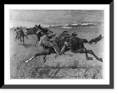 Illustration by Frederic Remington: Indians circling wagon train, using horses as shields, Vintage Wall Art