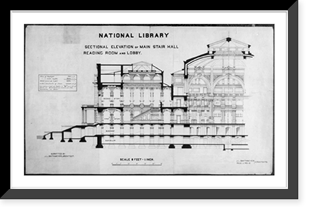 Library of Congress, Washington, D.C. Sectional elevation: main stair, lobby, reading room, Historic Reproduction