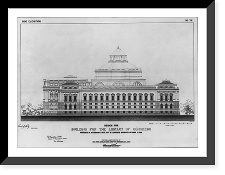 Historic Framed Print, Designs for Building for the Library of Congress: Side elevation, no. VII,  17-7/8" x 21-7/8"
