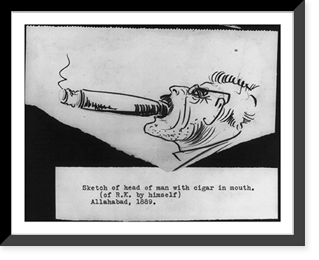 Self-portrait caricature by Rudyard Kipling, 1889. Sketch of head of man with cigar in mouth, Antique Wall Art