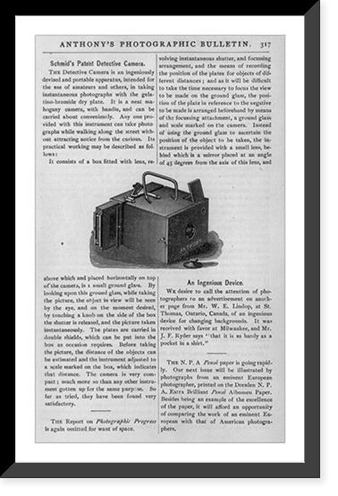 Historic Framed Print, Schmid's Patent Detective Camera, with description,  17-7/8" x 21-7/8"