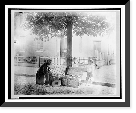 Old African-American man selling strawberries on street, Washington, D.C. - two small boys, one White and one African-American, are looking at the strawberries, Antique Poster