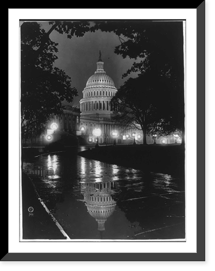 D.C., Washington - Capitol - Exterior - Night View of S.E. front on rainy night, Antique Print