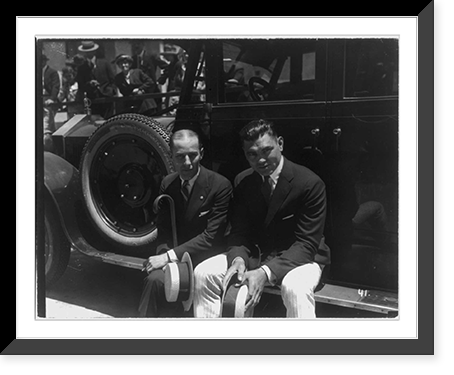 Jack Dempsey at his training camp, June 1921: seated with man on auto running board, Antique Print
