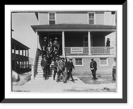 Jack Dempsey at his training camp, June 1921: group of men leaving camp headquarters, Antique Print
