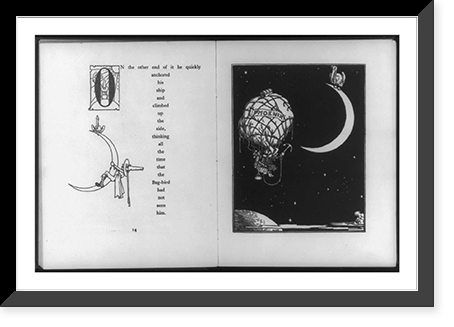 Page of children's book, illus. with man in balloon trying to drop anchor on moon, Vintage Poster