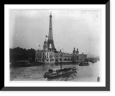Pavilion of Portugal at left, Food Products building at right with Eiffel Tower in background and tourist boats on the River Seine, Paris Exposition, 1889, Antique Wall Art