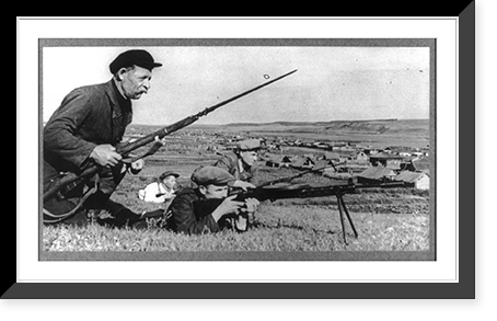 Soviet guerrilla activity in Russia, WWII: 4 guerrillas with fixed bayonets and small machine gun; village in background, Vintage Poster