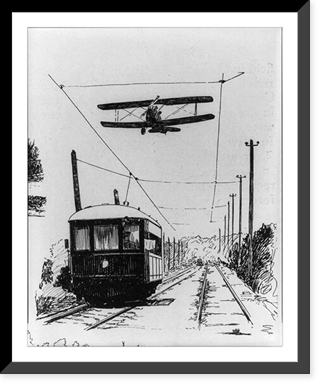 Airplane racing above electric railway car, Antique Poster