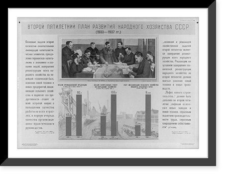Stalin meeting with 8 officials, looking at map on conference table; graph shows industrial production between 1932 and 1937, Vintage Poster