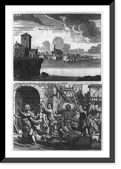 2 illus.: 1. View of the city of Cananor on the Coast of Malabar; 2. The factory of the Provinces of Calicut assaulted by the Indians Classic, Historic Print