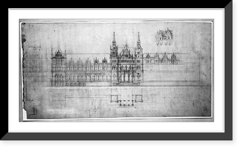 Historic Framed Print, [Library of Congress (National Library"),  Judiciary Square site,  Washington,  D.C. Front elevation,  plan and perspective,  Gothic]",  17-7/8" x 21-7/8"