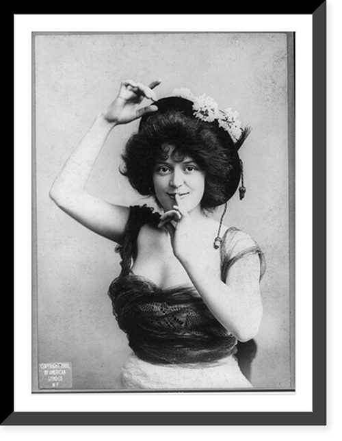 Historic Framed Print, [Young woman in glamourous, erotic poses: in low-cut dress & flowered hat],  17-7/8" x 21-7/8"
