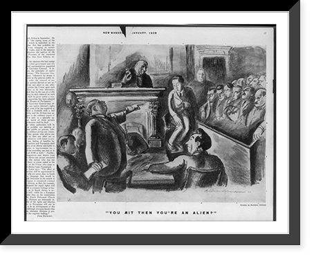 Courtroom scene: prosecutor pointing finger at young man on witness stand, saying: You admit then you're an alien?"", Historic Print