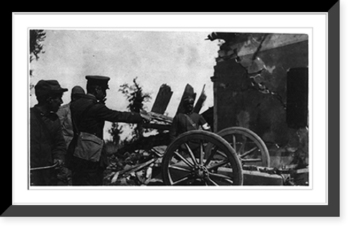 Historic Framed Print, American Red Cross officers at the scene of Lt. Edward M. McKey's death on June 17. In the foreground is the rolling canteen that was shattered by the shell that killed Lt. McKey,  17-7/8" x 21-7/8"