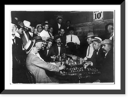 Scenes of open gambling in Reno, Nevada casinos: game of faro; many spectators, Vintage Wall Art