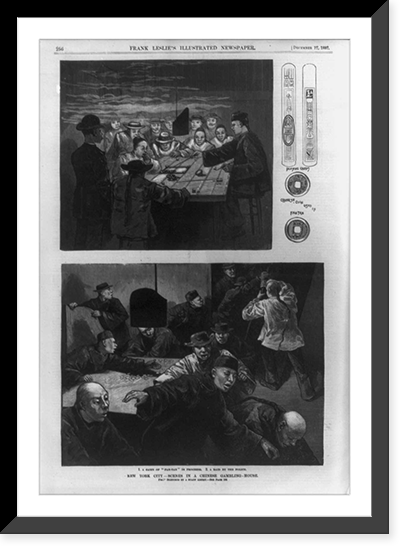 New York scenes in a Chinese gambling-house - 1. A game of Fan-Tan" in progress; 2. A raid by the police. Small drawing of Chinese playing cards and of Chinese coin used in Fan-Tan" Antique Wall Ar