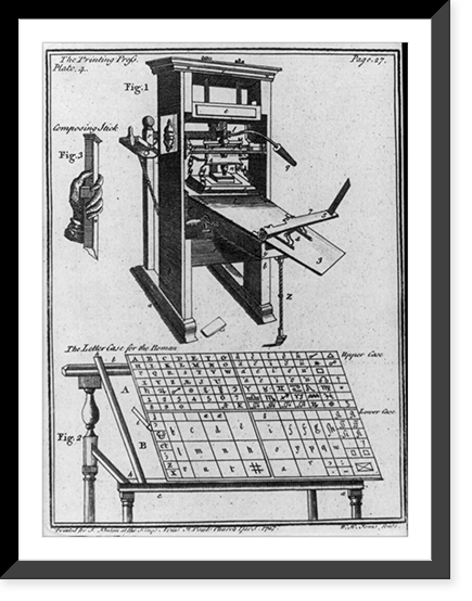 Historic Framed Print, [3 figures: 1. The printing press; 2. The letter case for the Roman [type]; 3. Composing stick],  17-7/8" x 21-7/8"