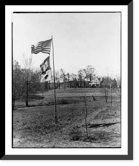 U.S., Red Cross & unid. flag on flagpole; Clara Barton House in backgrd., Glen Echo, Md, Historic Reproduction