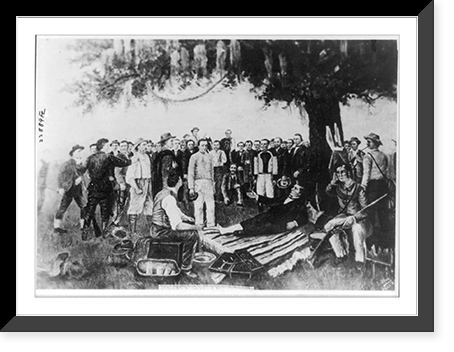 Historic Framed Print, [Santa Ana's surrender to General Sam Houston, after the battle of San Jacinto, Texas, Apr. 1836. Wounded Houston offers hand to Santa Ana; Deaf" Smith,  famous scout sits in foreground]",  17-7/8" x 21-7/8"