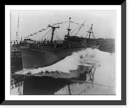Liberty ship ABRAHAM LINCOLN entering water after being launched, ca. 1942, Antique Print