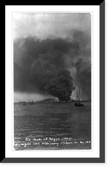 Oil tanks burning at Meggs Wharf, Vintage Poster