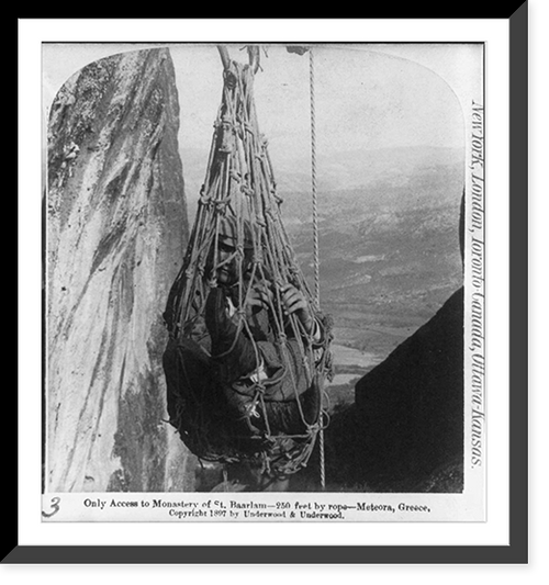 Historic Framed Print, Only access to monastery of St. Baarlam - 250 feet by rope - Meteora, Greece,  17-7/8" x 21-7/8"