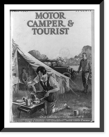 Family camping beside auto; woman cooking on portable stove in foregrd, Antique Print