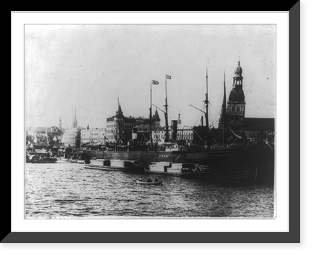 View of Riga, Latvia with waterfront in foregrd; freighter ERIK and lumber barges, Vintage Wall Art