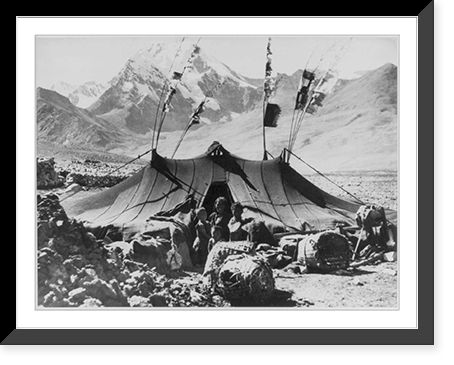 Nomadic family in front of tent; snow-capped mountain in background, Tibet, Antique Print
