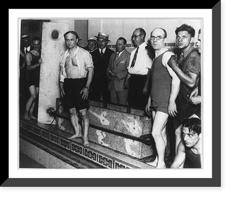 Harry Houdini at the Hotel Shelton, N.Y.: Houdini in front of coffin in which he stayed for 90 minutes under water, Historic Reproduction